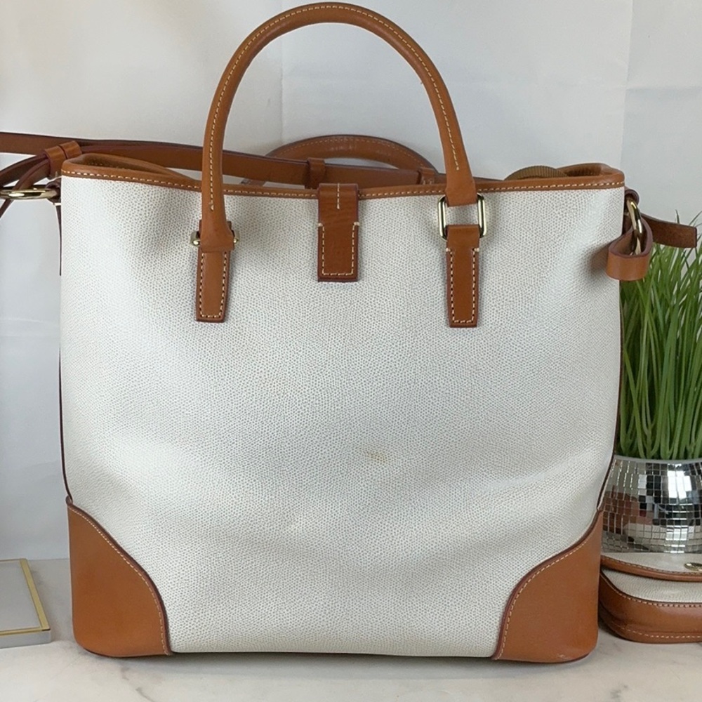 Dooney & Bourke Cream Canvas Tote with Brown Leather Trim and Matching Pouch - Picture 15 of 16